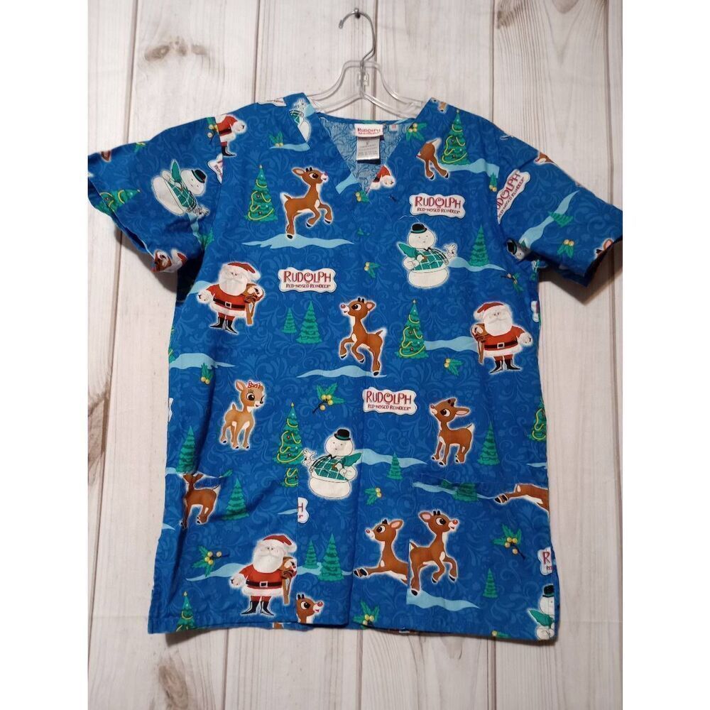 Rudolph the Red-Nosed Reindeer Christmas Scrub Top Blue V-Neck Small
